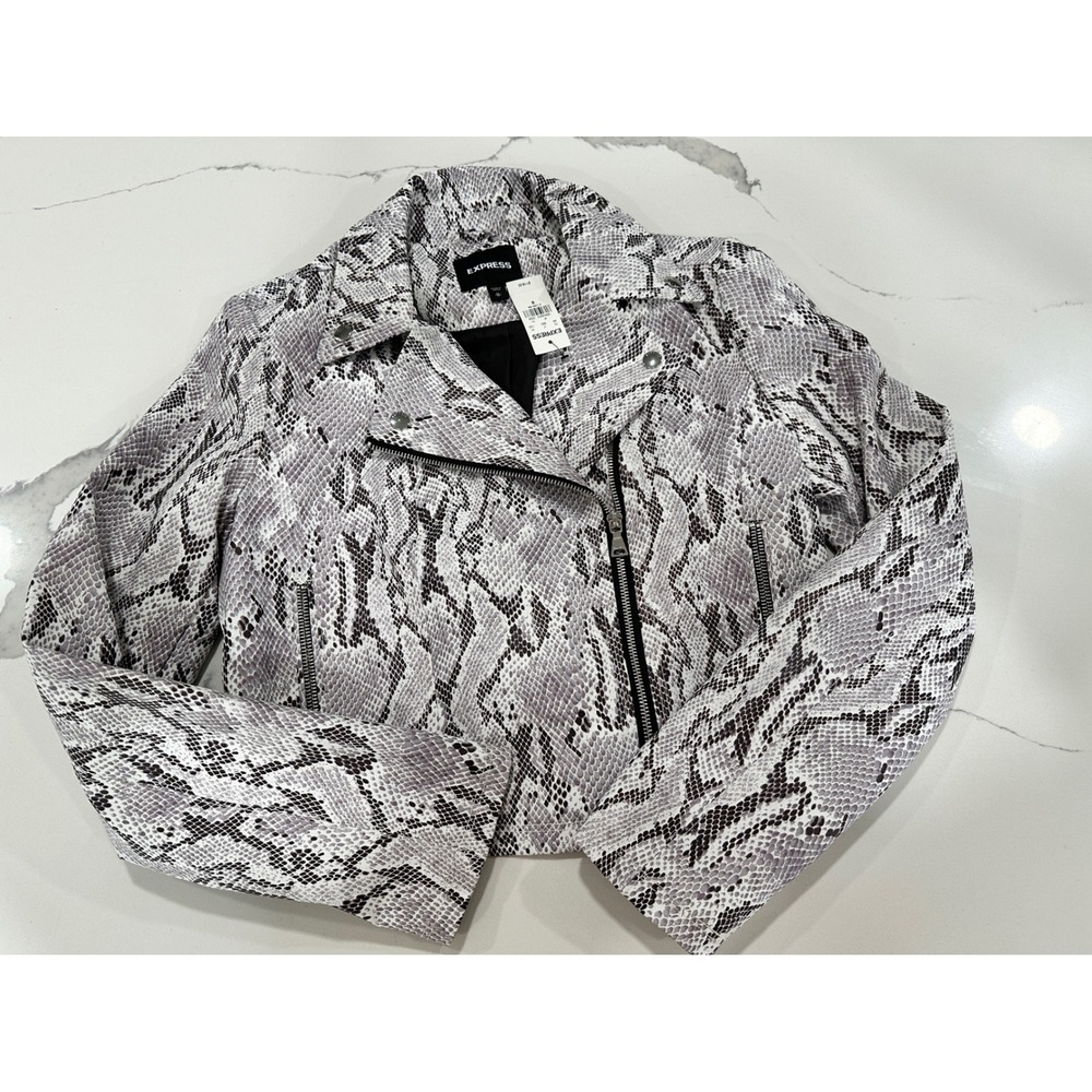 Express Snakeskin Print Moto Jacket Womens Medium Gray Black Silver‎